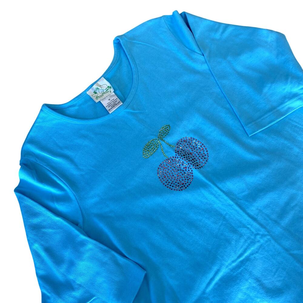 Vintage Quacker Factory Women's Blue 3/4 Sleeve Rhinestone Cherries Top 1X